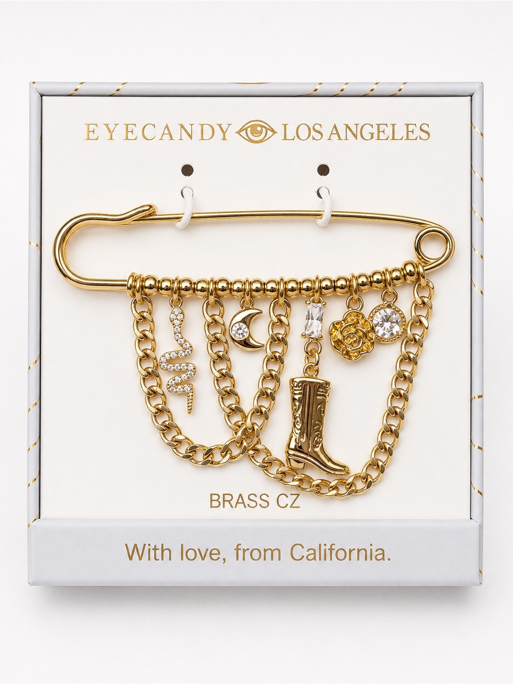 eye candy Gold-tone Charm Safety Pin Brooch with CZ Accents